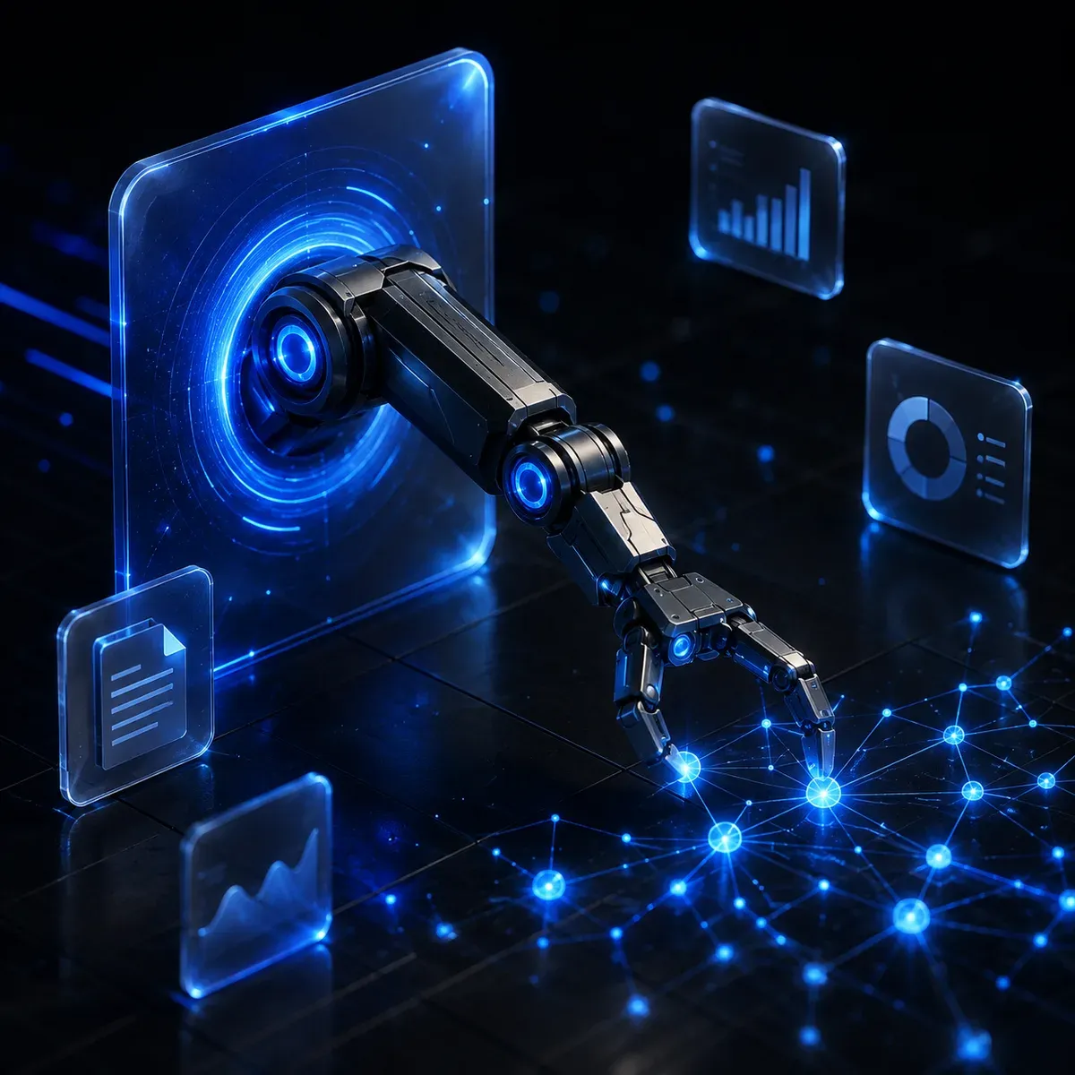 3D-Illustration eines AI Agents: Ein Roboterarm greift aus einem Bildschirm und arbeitet selbständig in einem Netz aus leuchtenden Knoten — anders als feste Wenn-Dann-Automatisierung wählt der Agent seine Schritte selbst.
