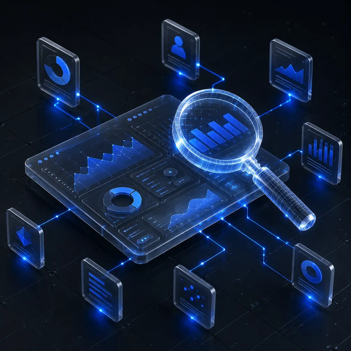 3D-Illustration des GEO-Scanners: Eine Lupe schwebt über einem gläsernen Analytics-Dashboard, verbunden mit kleinen Inhaltsseiten — der Scan prüft, wie gut eine Website von KI-Assistenten gelesen wird.