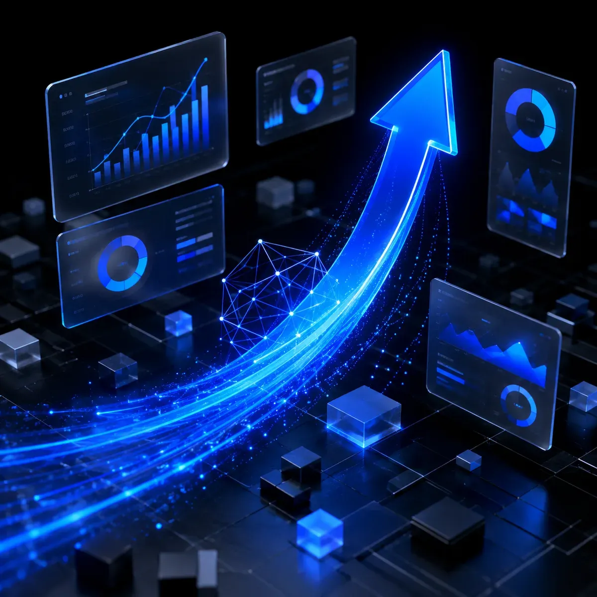 3D-Illustration wachsender KI-Sichtbarkeit: Ein leuchtend blauer Pfeil steigt durch schwebende Auswertungs-Dashboards nach oben — Generative Engine Optimization macht Sichtbarkeit messbar.