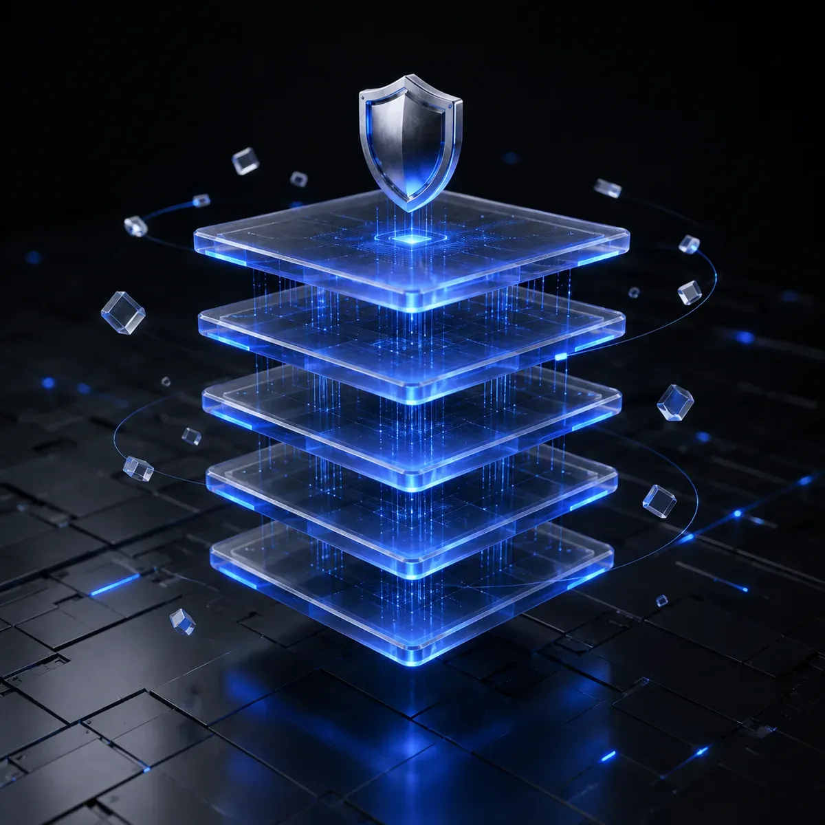 3D-Illustration eines sicheren Technologie-Stacks: Gestapelte gläserne Ebenen mit blauen Datenverbindungen und einem Schutzschild darüber — moderne, zentral gewartete Technologie ohne Plugin-Risiken.